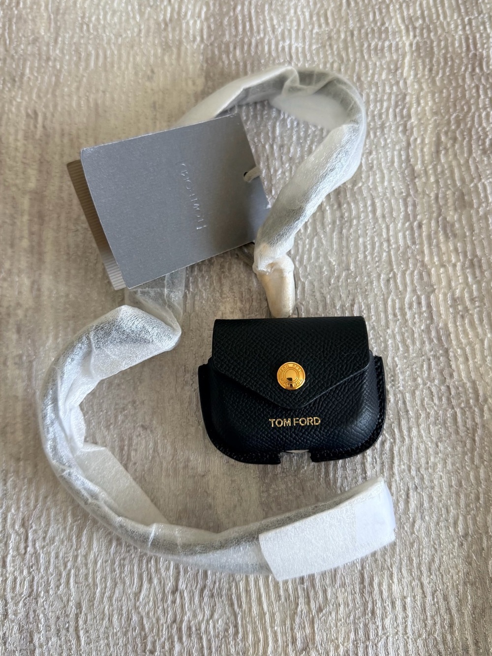 NWT! Tom Ford Black Pebbled Leather Airpod Pouch with Gold Hardware Authentic